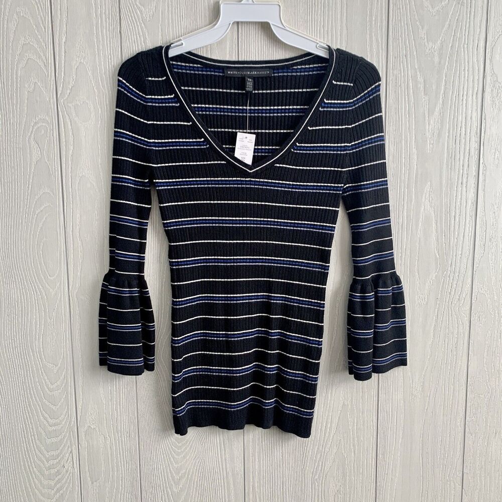 White House Black Market Black Stripe Bell Sleeve V-Neck Sweater XS NWT